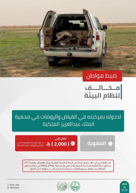 الأمن البيئي يضبط مواطنًا خالف النظام بدخول مركبته في فياض محمية الملك عبدالعزيز