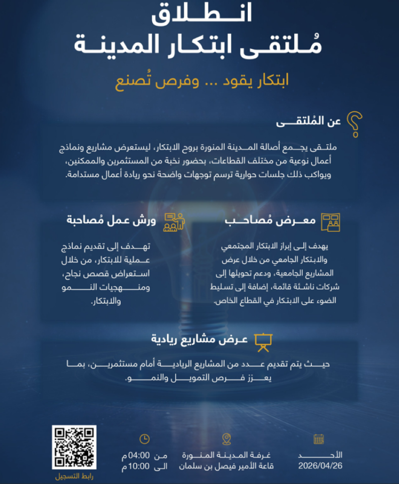 الأحد المقبل.. انطلاق مُلتقى “ابتكار المدينة” ضمن فعاليات أسبوع الابتكار 2026 بالمدينة المنورة
