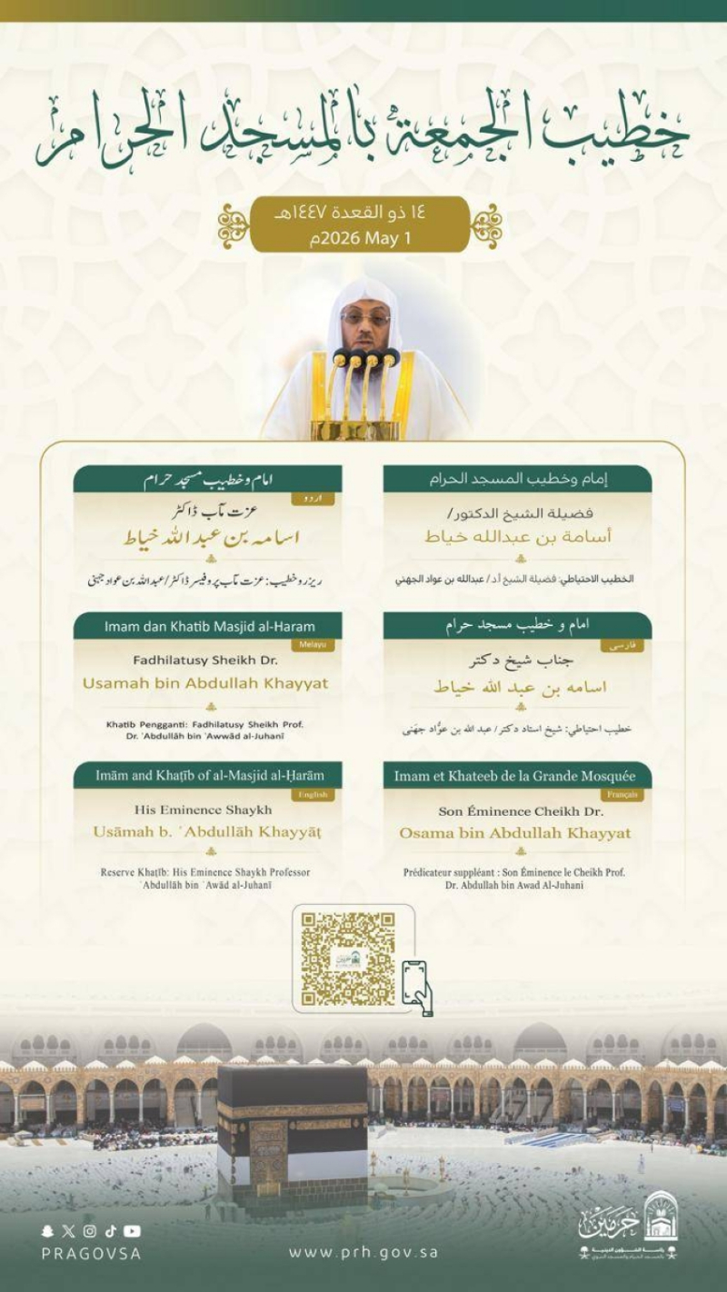 خطيبي الجمعة في الحرمين الشريفين ليوم 14 ذو القعدة