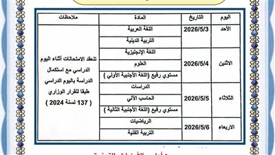 جدول اختبار شهر أبريل لجميع صفوف النقل بالقاهرة 2026 إبتدائي وإعدادي