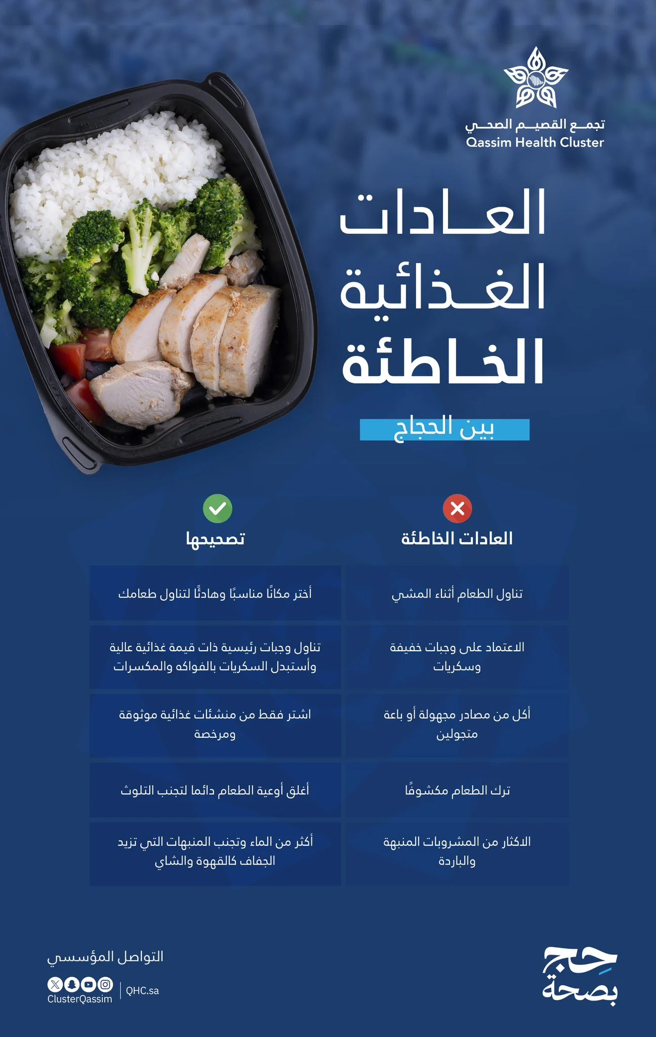 تجمع القصيم الصحي يحذر ضيوف الرحمن من عادات غذائية خاطئة