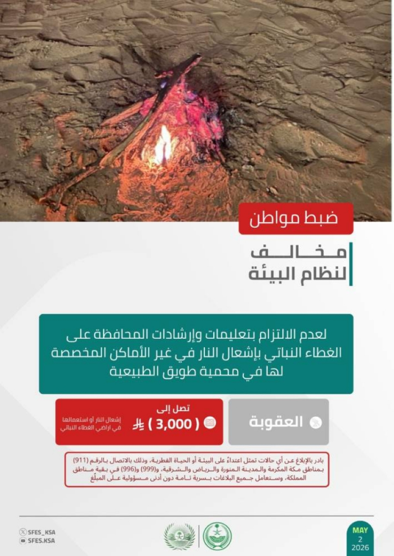 الأمن البيئي يضبط مواطنًا لإشعاله النار في غير الأماكن المخصصة لها