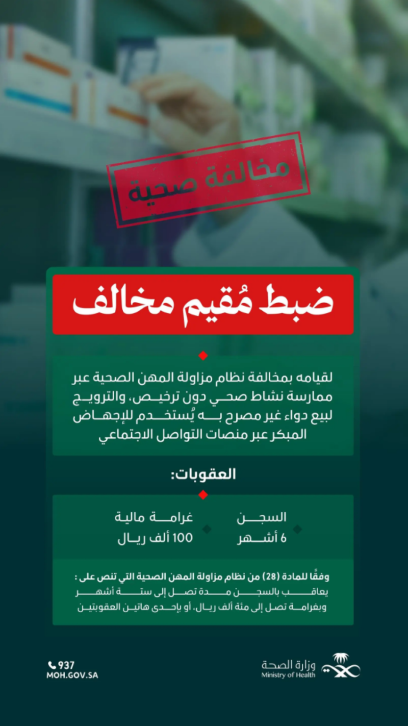 “الصحة” تضبط مقيمًا مخالفًا لمزاولته مهنة صحية دون ترخيص وبيع دواء خاضع للرقابة الطبية
