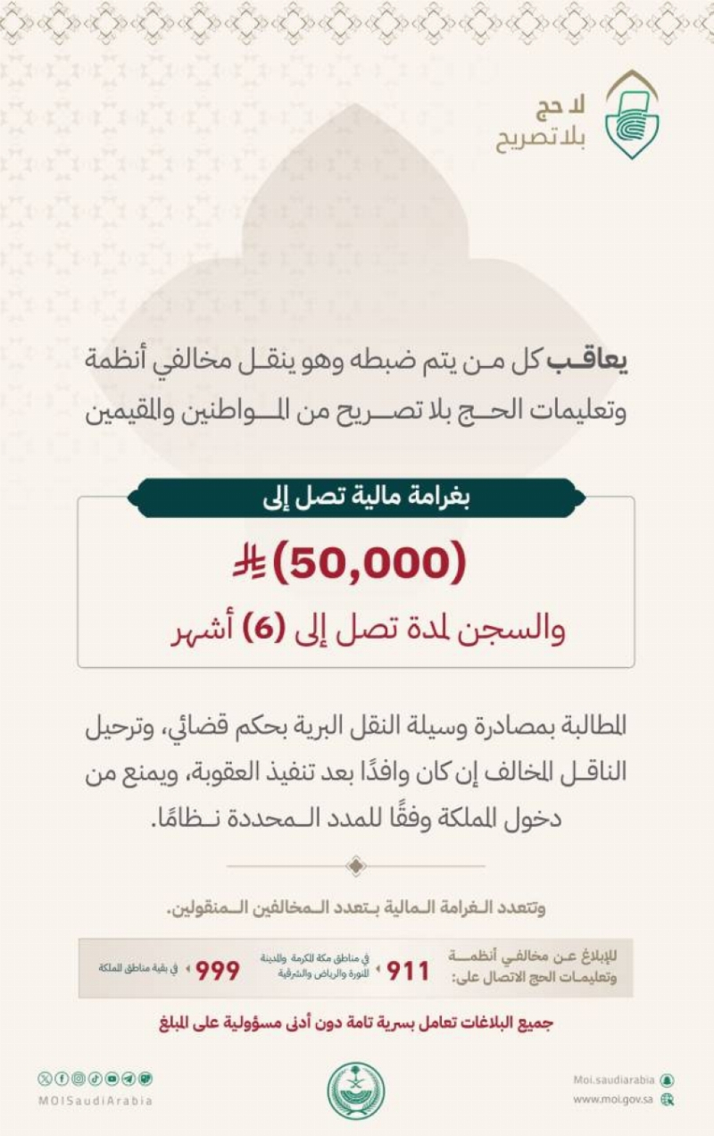 وزارة الداخلية: عقوبات رادعة لكل من يتم ضبطه وهو ينقل مخالفي أنظمة وتعليمات الحج بلا تصريح من المواطنين والمقيمين