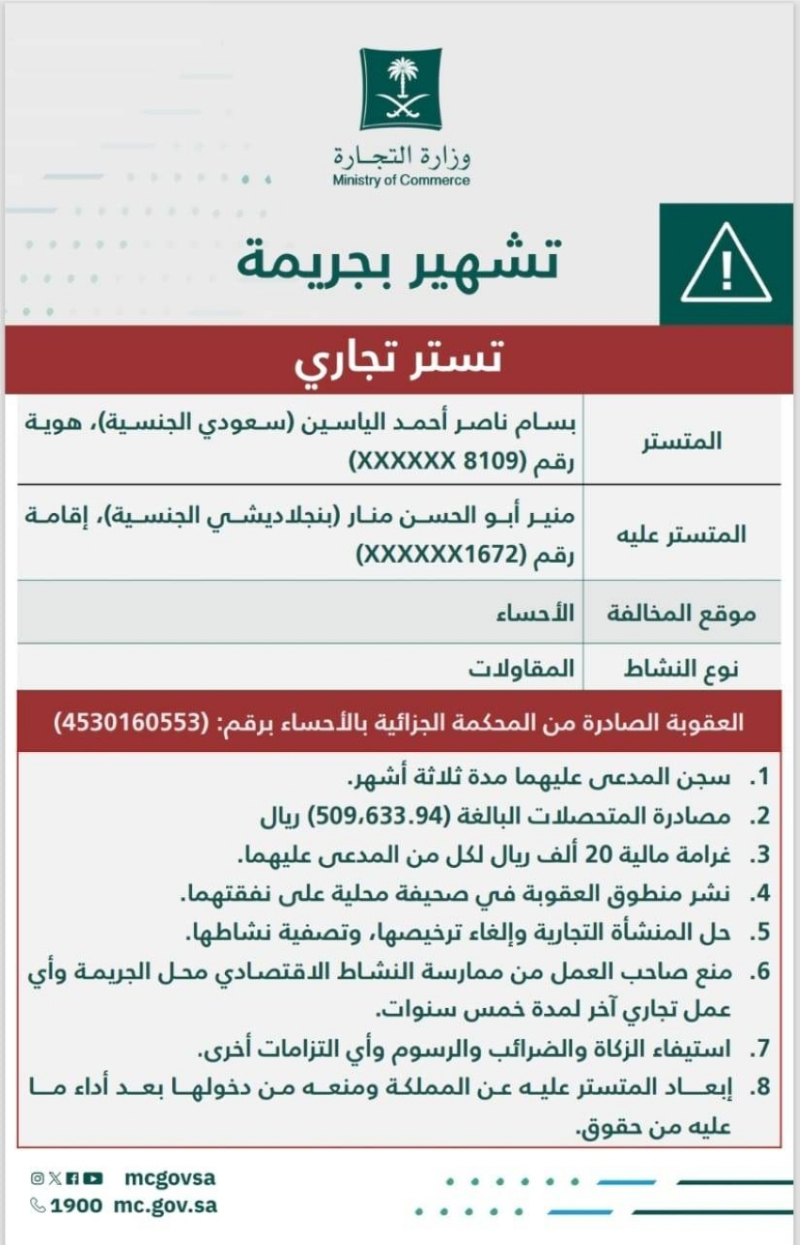 التجارة: مصادرة أكثر من 500 ألف ريال والسجن وغرامة مالية على بسام ناصر بن أحمد الياسين (سعودي الجنسية) و منير أبو الحسن منار (بنجلاديشي الجنسية) لارتكابهما جريمة التستر في نشاط المقاولات