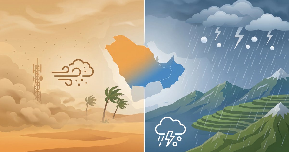 عواصف ترابية تجتاح تبوك والجوف والحدود الشمالية وأمطار رعدية على نجران وجازان وعسير اليوم
