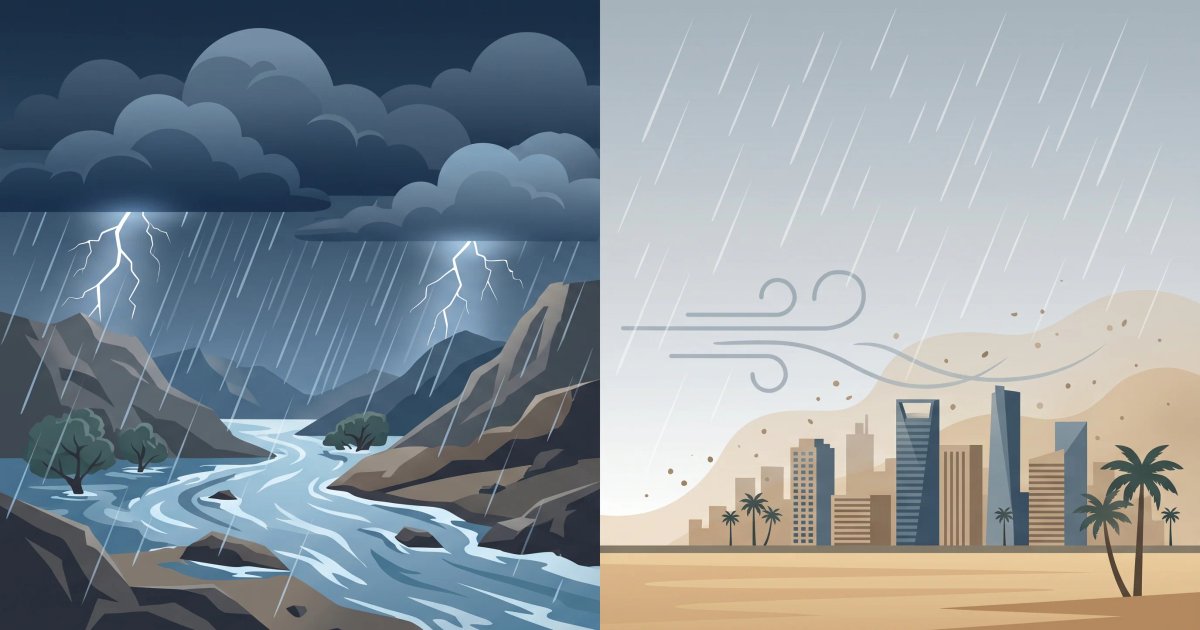 أمطار رعدية غزيرة وسيول متوقعة على 5 مناطق بالمملكة الأربعاء — سبق