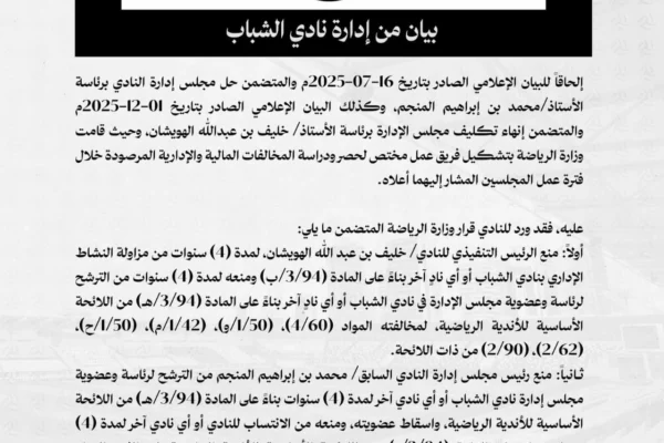منع الهويشان والمنجم من مزوالة النشاط الرياضي في «الشباب» – أخبار السعودية