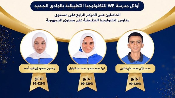 طلاب WE بالوادي الجديد يحصدون المركز الرابع على الجمهورية ضمن نتائج مدارس التكنولوجيا التطبيقية