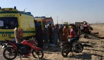 إصابة 14 عاملا في تصادم ربع نقل وتروسيكل بمحور سمالوط في المنيا