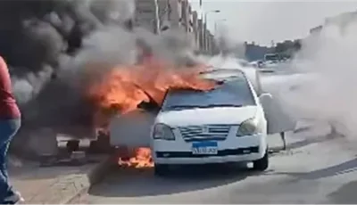 تفحم سيارة ملاكي التهمتها النيران بمحور جمال عبدالناصر (صور)
